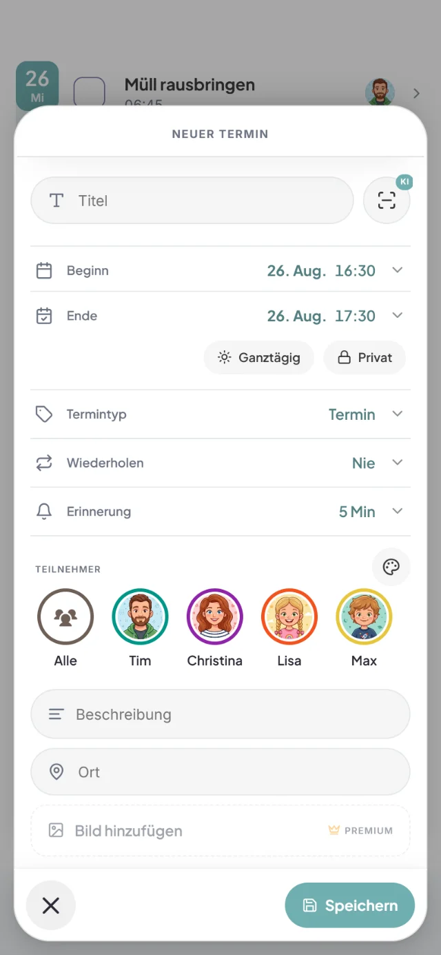 Blatt Neuer Termin mit Beginn 26. Aug. 16:30, Wiederholen, Erinnerung 5 Min und den Teilnehmern Tim, Christina, Lisa und Max