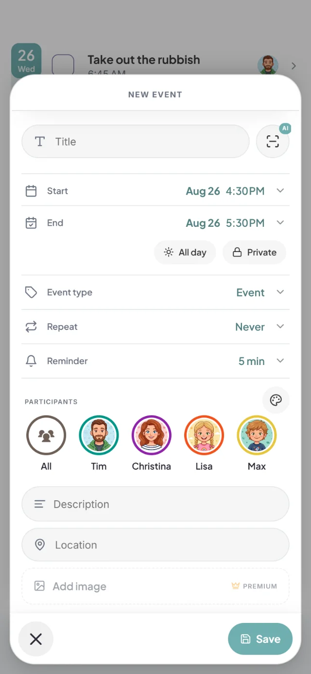 New event sheet with start Aug 26 4:30 PM, repeat, reminder 5 min and the participants Tim, Christina, Lisa and Max