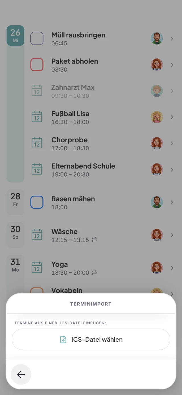 Blatt Terminimport mit dem Knopf ICS-Datei wählen über der Terminliste der Familie