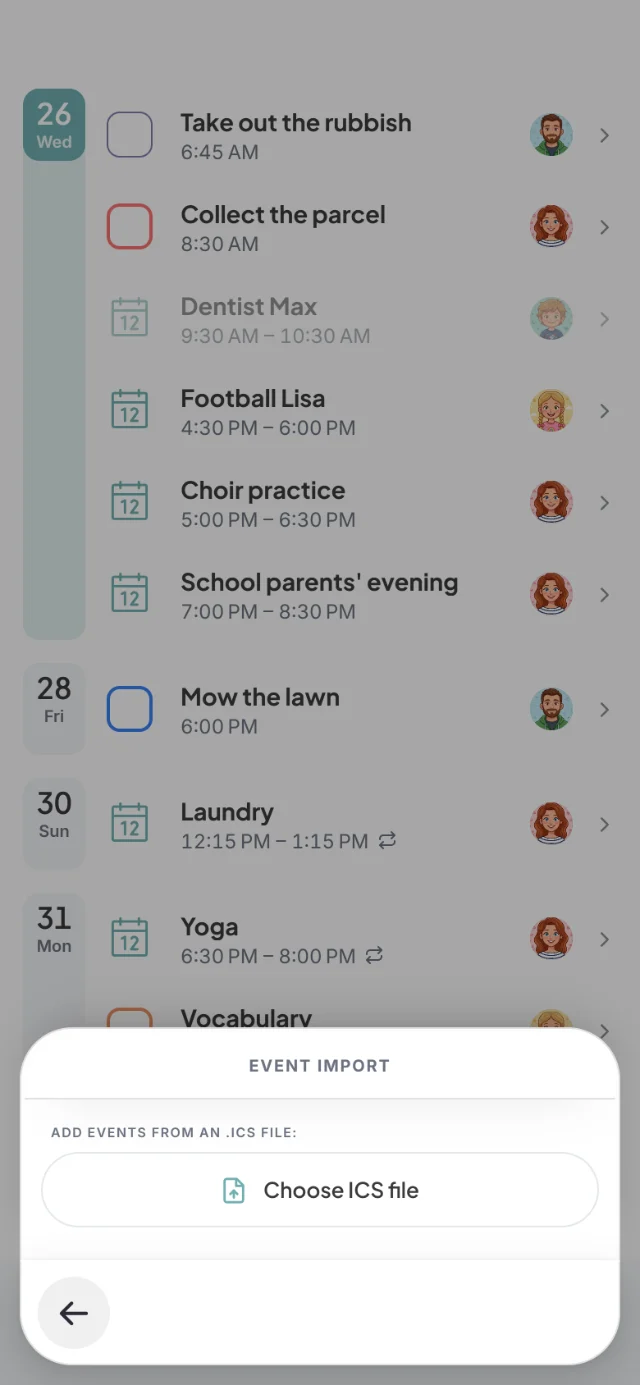 Event import sheet with the Choose ICS file button below the family's list of events