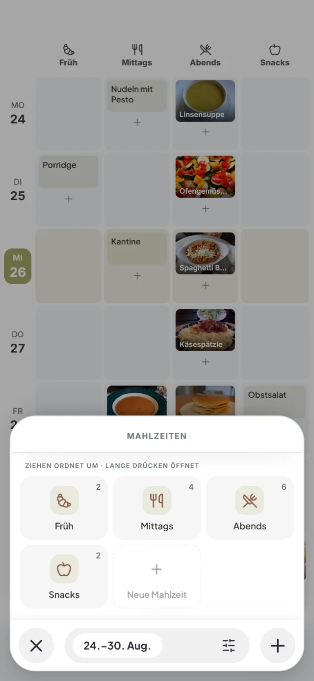 Blatt Mahlzeiten mit Früh, Mittags, Abends, Snacks und Neue Mahlzeit über dem Wochenplan vom 24. bis 30. August