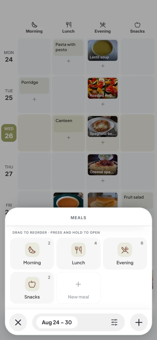Meals sheet with Morning, Lunch, Evening, Snacks and New meal above the weekly plan for August 24 to 30