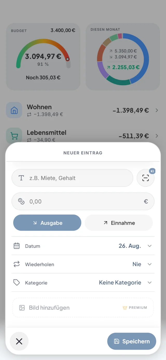 Blatt Neuer Eintrag mit Ausgabe oder Einnahme, Datum, Wiederholen, Kategorie und KI-Scan