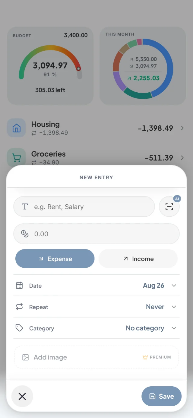 New entry sheet with expense or income, date, repeat, category and AI scan