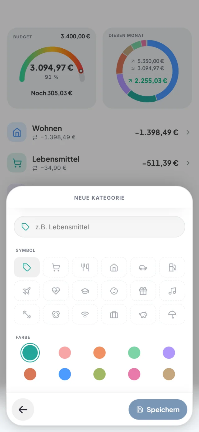 Blatt Neue Kategorie mit Symbol- und Farbauswahl
