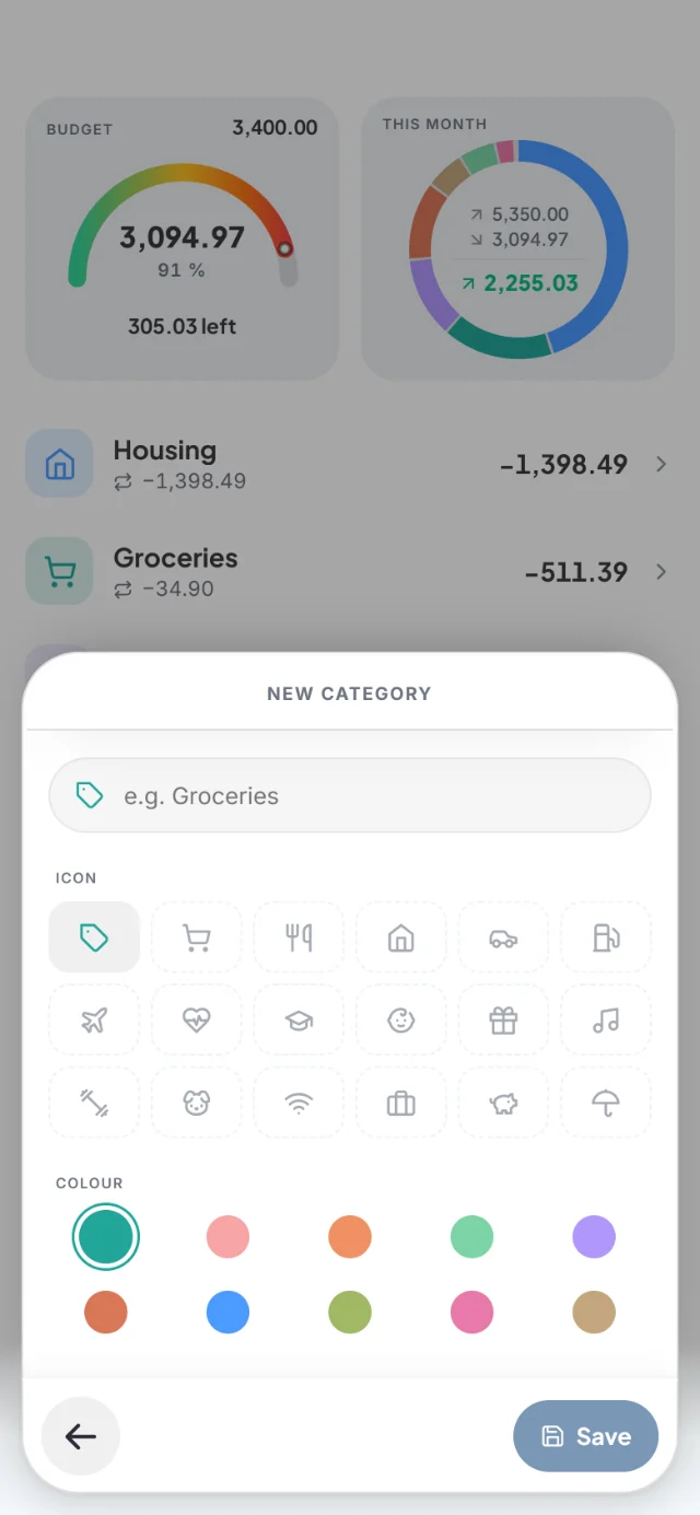 New category sheet with icon and color choice