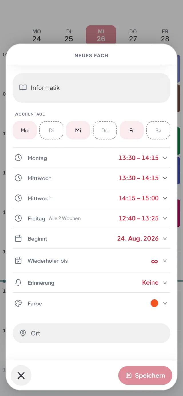 Blatt Neues Fach: Informatik am Montag, Mittwoch und Freitag, freitags alle 2 Wochen