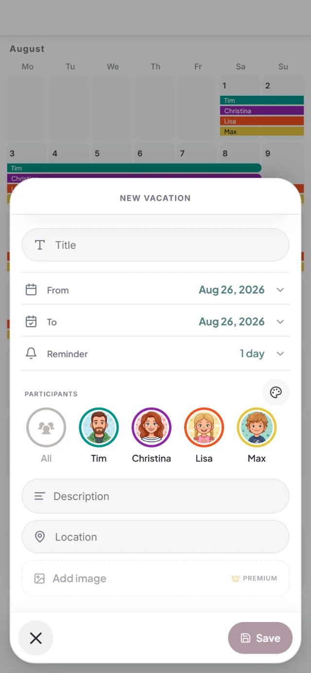 New vacation sheet with From, To, reminder 1 day and the participants Tim, Christina, Lisa and Max