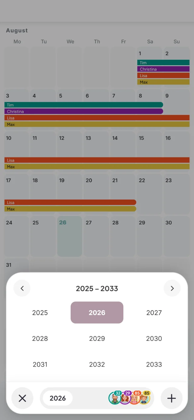 Choose year sheet with the years 2025 to 2033