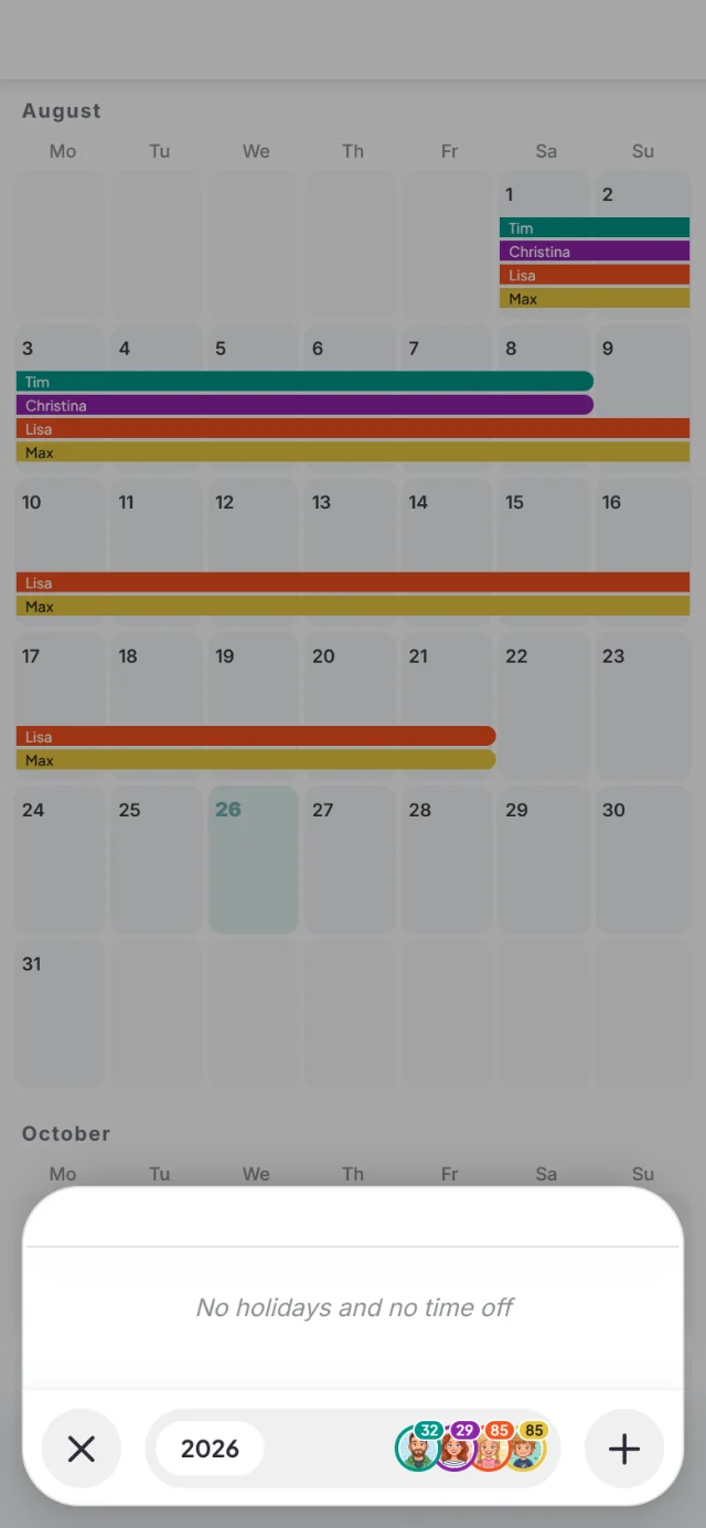 Holiday planner in August with a colored bar for each person, today the 26th is marked, below it the day sheet: No holidays and no time off