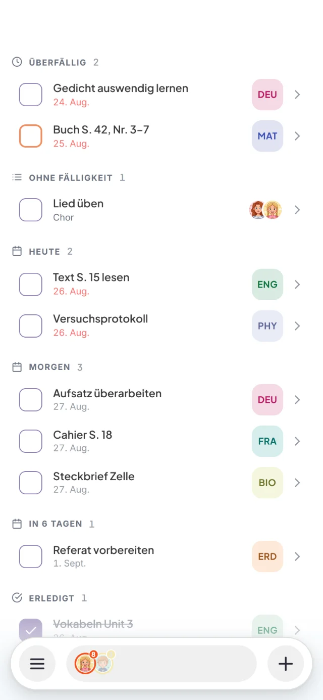 Hausaufgabenliste mit Gedicht auswendig lernen (DEU), Buch S. 42, Nr. 3–7 (MAT) und Text S. 15 lesen (ENG)