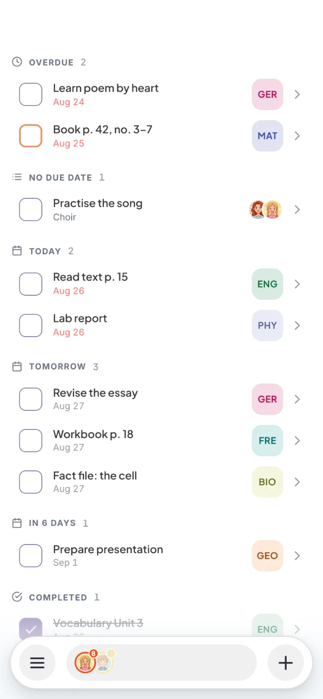 Homework list with Learn poem by heart (GER), Book p. 42, no. 3–7 (MAT) and Read text p. 15 (ENG)