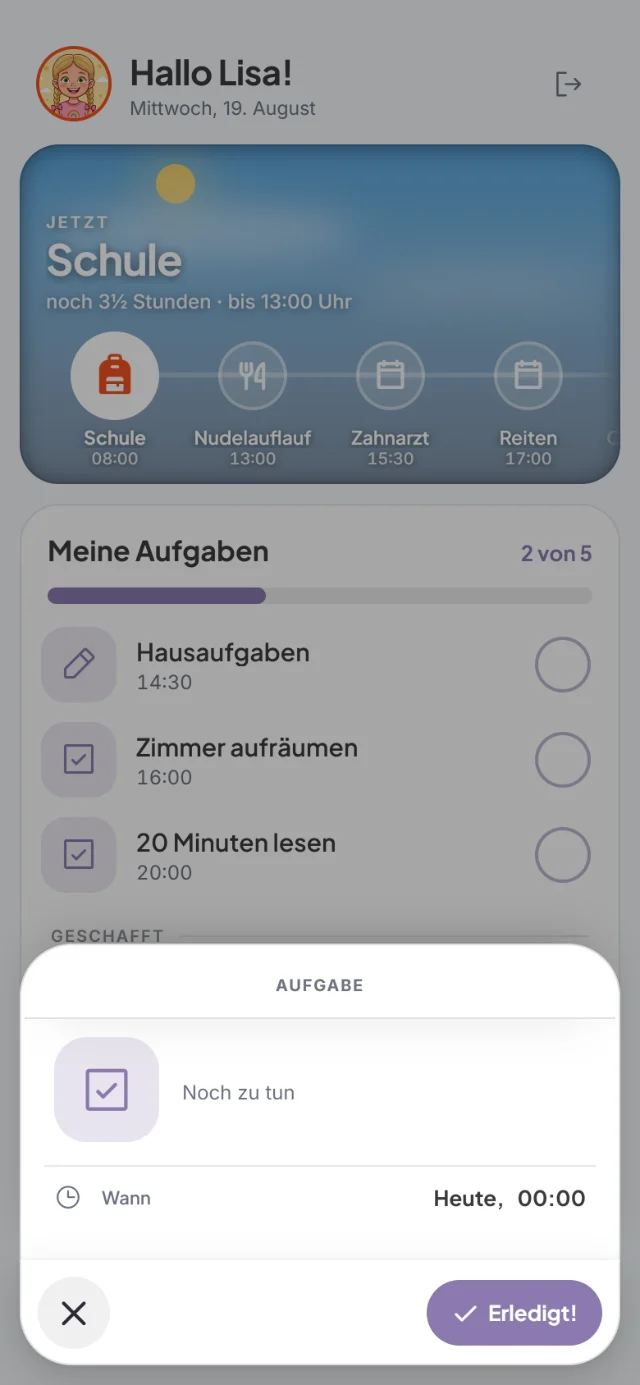 Blatt Aufgabe mit Noch zu tun, Wann Heute und dem Knopf Erledigt!