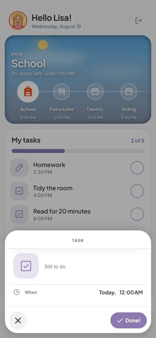 Lisa's kids mode with My tasks 2 of 5 and the Task sheet with the Done! button