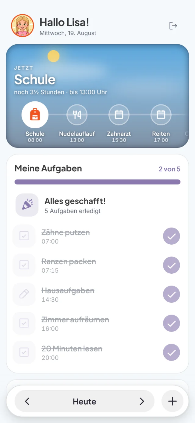 Kindermodus mit Alles geschafft! 5 Aufgaben erledigt