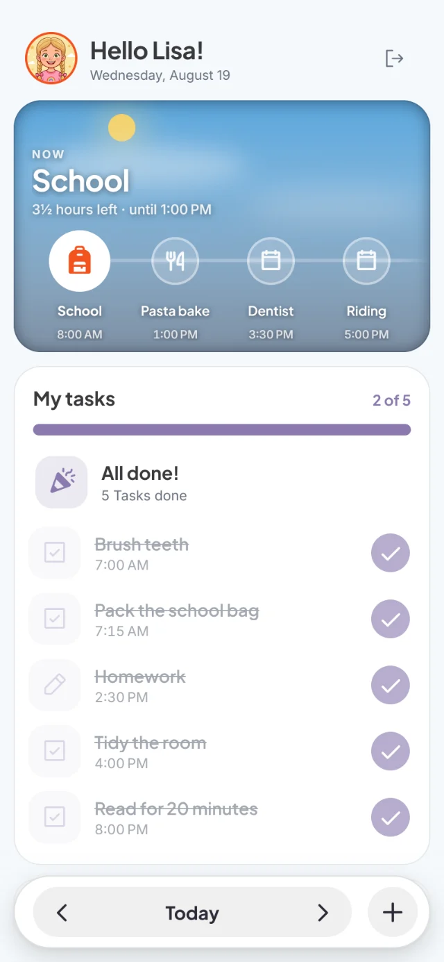 Kids mode with All done! 5 Tasks done