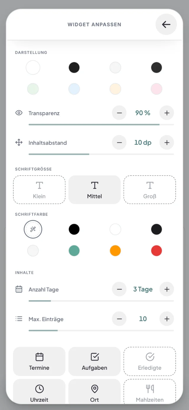 Blatt Widget anpassen mit Darstellung, Transparenz 90 %, Schriftgröße, Schriftfarbe und den Inhalten Termine und Aufgaben