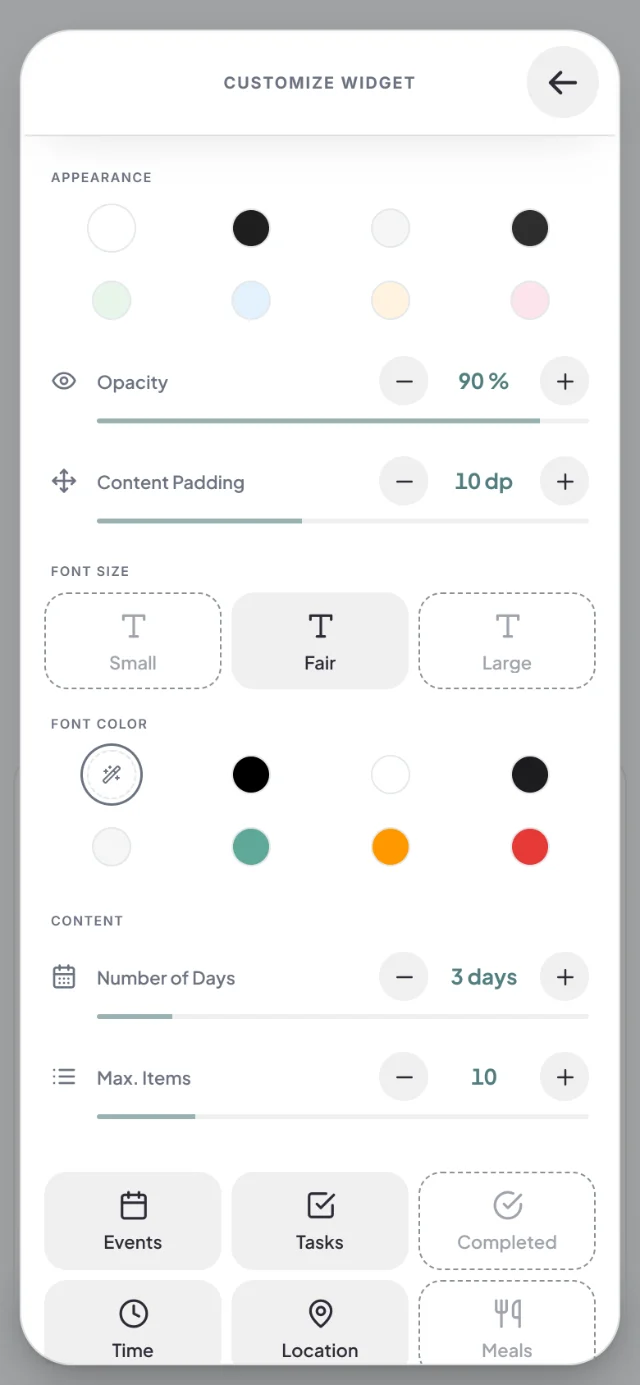 Customize widget sheet with appearance, opacity 90 %, font size, font color and the content events and tasks