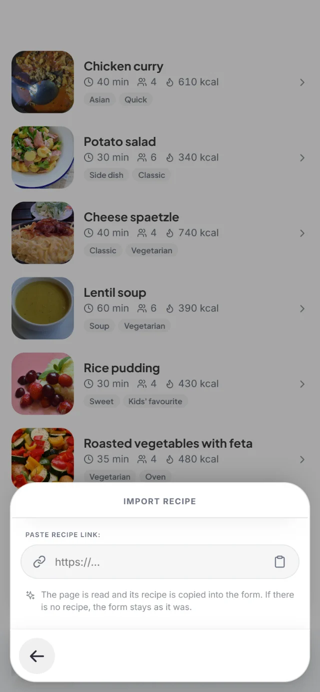 Import recipe sheet with the field for the recipe link below the cookbook with chicken curry, potato salad and cheese spaetzle