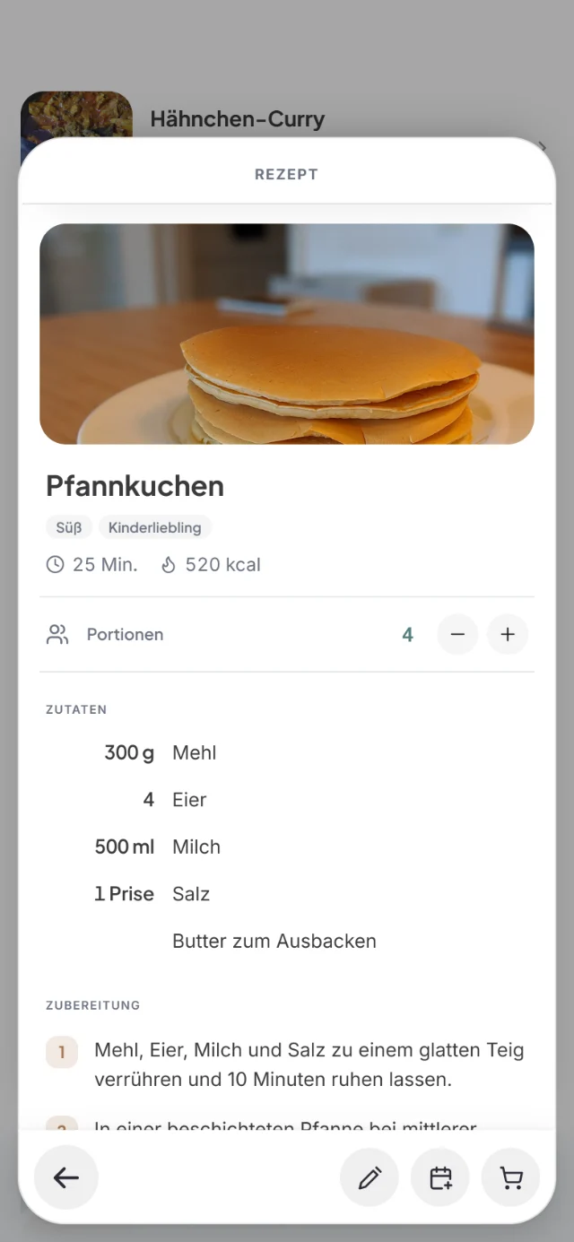 Rezept Pfannkuchen mit Foto, 25 Min., 520 kcal, 4 Portionen, Zutaten und Zubereitung