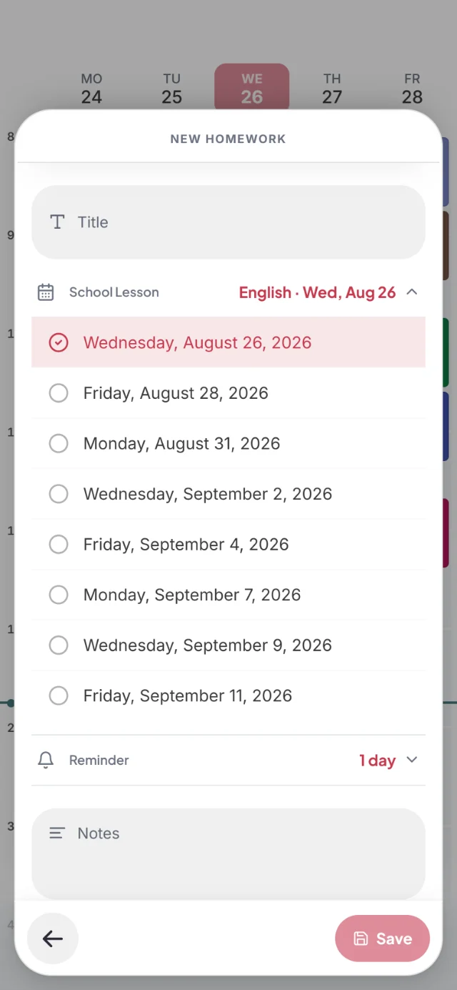New homework sheet on the English lesson on Wednesday, August 26, with a reminder 1 day before