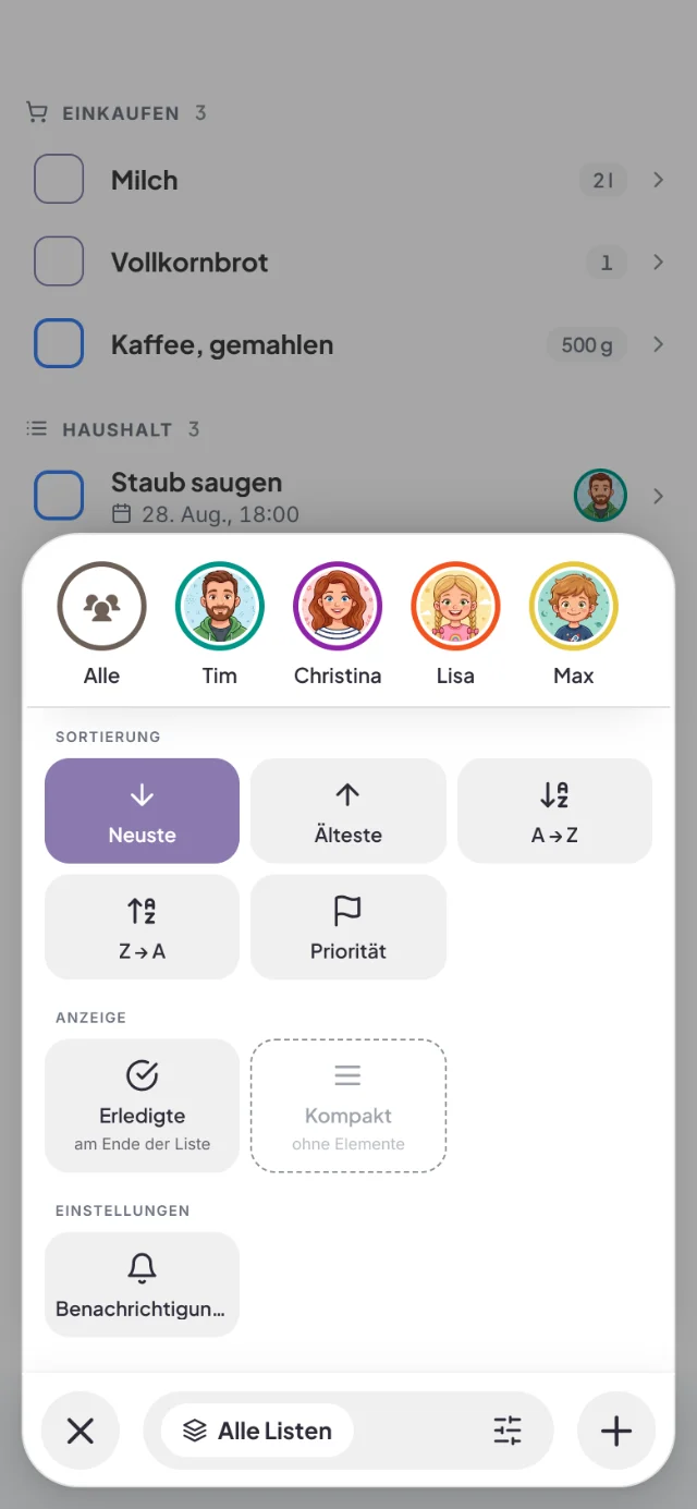 Blatt Filter mit Tim, Christina, Lisa und Max und der Sortierung nach Neuste, Älteste, A bis Z, Z bis A oder Priorität