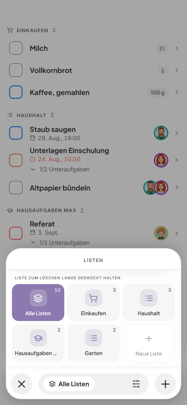 Blatt Listen mit Alle Listen, Einkaufen, Haushalt, Hausaufgaben, Garten und Neue Liste
