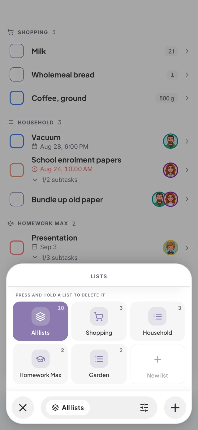 Lists sheet with All lists, Shopping, Household, Homework Max, Garden and New list