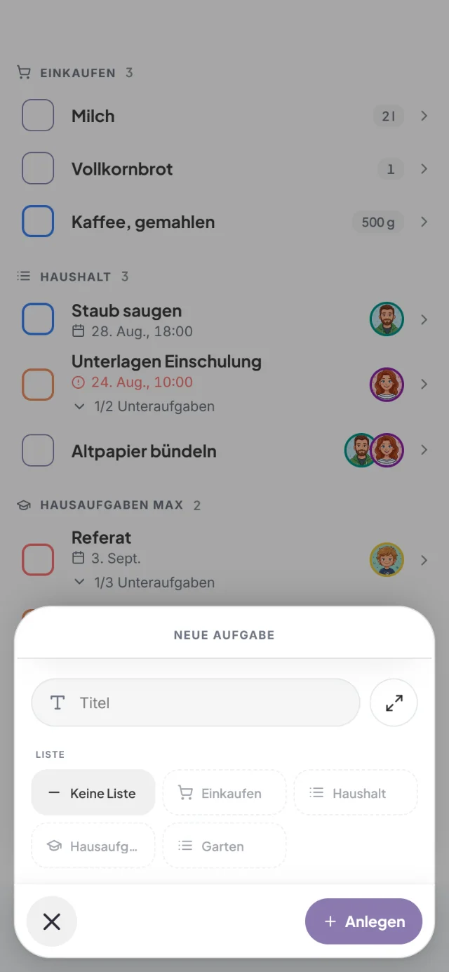 Blatt Neue Aufgabe mit der Listenwahl Einkaufen, Haushalt, Hausaufgaben und Garten, darüber die Liste Haushalt mit Staub saugen und Altpapier bündeln