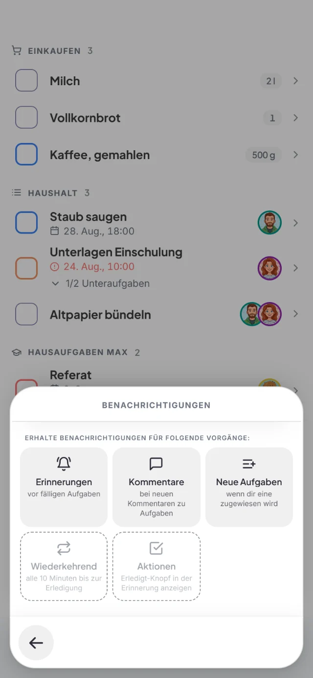 Blatt Benachrichtigungen mit Erinnerungen, Kommentare, Neue Aufgaben, Wiederkehrend und Aktionen