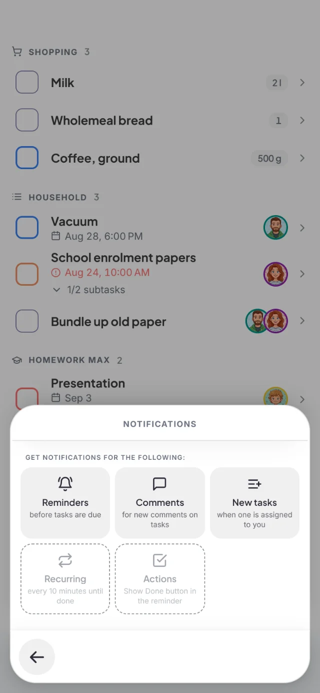 Notifications sheet with Reminders, Comments, New tasks, Recurring and Actions
