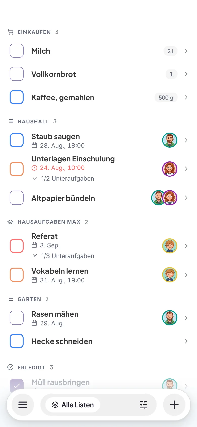 Famino: Aufgaben und Listen