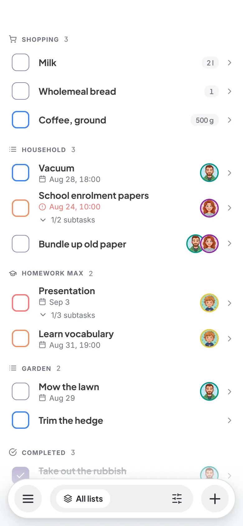 Famino: Tasks and lists